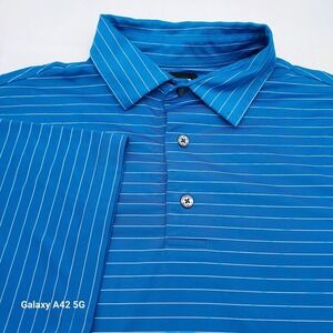 Footjoy FJ Golf Polo Shirt Blue White Stripe Mens Medium Polyester Spandex